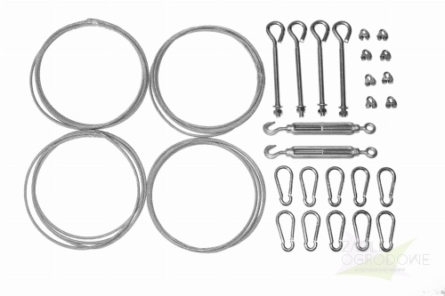 Garden sun sail mounting kit with steel cables, eyebolts, turnbuckles, wire rope clamps, and carabiners on white background