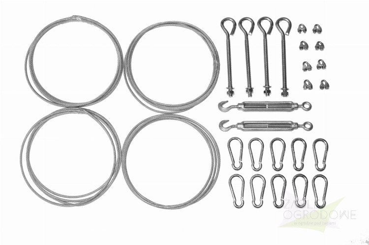 Garden sun sail mounting kit with steel cables, eyebolts, turnbuckles, wire rope clamps, and carabiners on white background