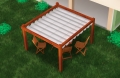 Roman blind pergola kit mounted to a wall with a wooden frame and chairs on a green lawn