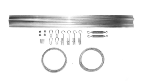 Roman blind wall mounting kit with aluminum profile, cord, wall plugs, eye hooks, turnbuckles, and spring clips