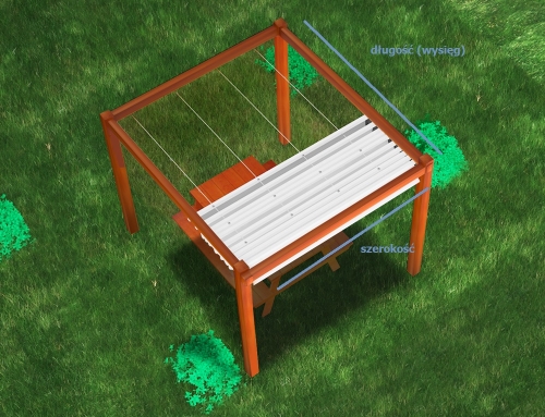 Mini roman blind kit for a wooden garden pergola structure on grass with dimension labels in Polish.