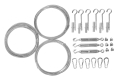 Complete mounting kit for a garden sun sail including steel cables, turnbuckles, hooks, wall plugs, and snap hooks.