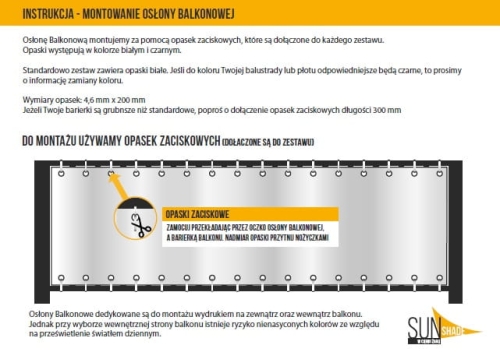 Instruction manual for mounting a custom HDPE balcony screen using cable ties through metal grommets.