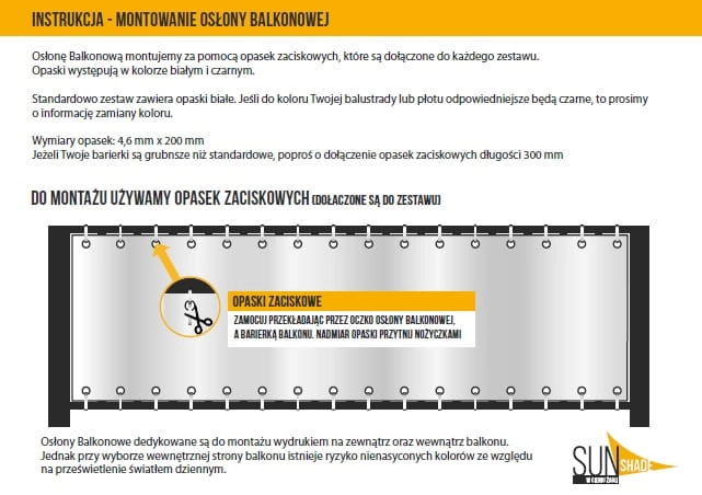 Instruction manual for mounting a custom HDPE balcony screen using cable ties through metal grommets.