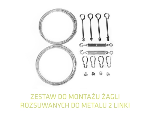Metal mounting kit for retractable sun sail including steel cables, turnbuckles, eye bolts, clips, and snap hooks