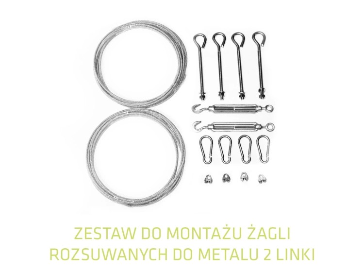 Metal mounting kit for retractable sun sail including steel cables, turnbuckles, eye bolts, clips, and snap hooks
