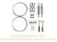 Installation kit for retractable HDPE sun shade sails with steel cables, turnbuckles, carabiners, and mounting hardware
