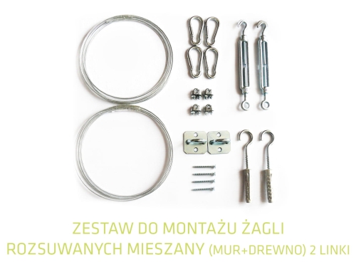 Installation kit for retractable HDPE sun shade sails with steel cables, turnbuckles, carabiners, and mounting hardware