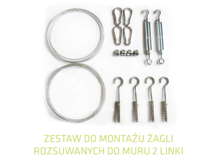 Montážna sada pre posuvné plachty na stenu: 2 oceľové lanká, karabínky, napínače a háky s hmoždinkami