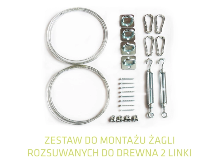 Installation kit for retractable sun shade sail for wood including 2 rolls of steel cable, turnbuckles, and hardware