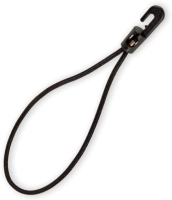 Black bungee loop with a plastic clip hook for securing loads or equipment.