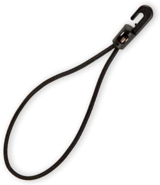 Black bungee loop with a plastic clip hook for securing loads or equipment.
