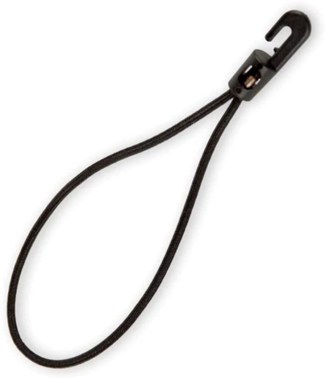 Black bungee loop with a plastic clip hook for securing loads or equipment.