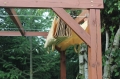 Beige HDPE sunshade canopy for terrace pergola with a retractable Roman blind design on wire cables.