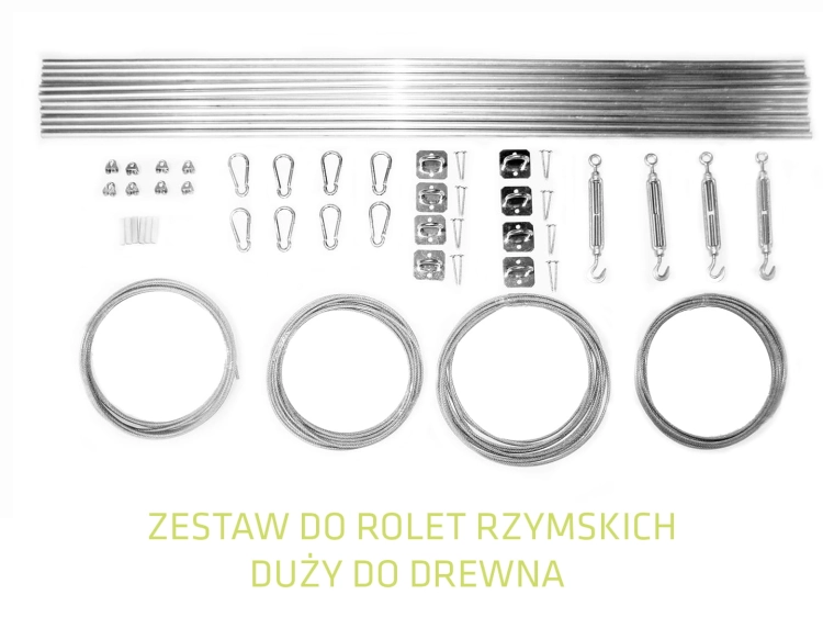 Large mounting kit for Roman patio blinds including metal rods, wire cables, hooks, and hardware for wood installation