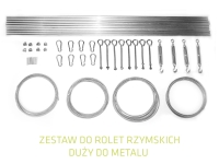 Complete hardware kit for outdoor Roman shades with rods, rope, hooks, and tensioning turnbuckles for metal mounting
