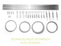 Large mounting kit for outdoor Roman blinds with steel cables, rods, turnbuckles, snap hooks, and wall anchors on white background