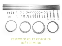 Large mounting kit for outdoor Roman blinds with steel cables, rods, turnbuckles, snap hooks, and wall anchors on white background