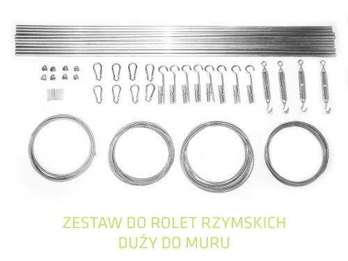 Large mounting kit for outdoor Roman blinds with steel cables, rods, turnbuckles, snap hooks, and wall anchors on white background