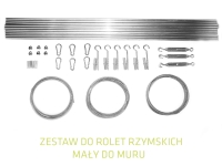 Roman blind installation kit including metal rods, steel cables, anchors, carabiners, and turnbuckles for wall mounting