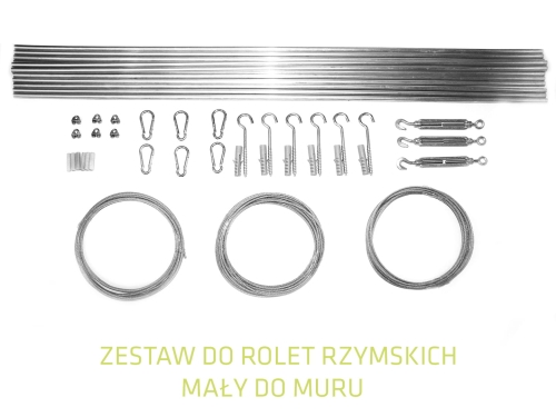 Roman blind installation kit including metal rods, steel cables, anchors, carabiners, and turnbuckles for wall mounting