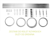 Roman blind installation kit including metal rods, cables, tensioners, and mounting brackets for wooden frames