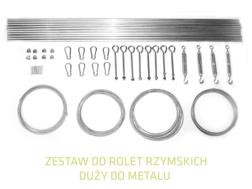 Hardware kit for sunshade Roman blinds with metal pipes, steel cables, snap hooks, and tensioning bolts.