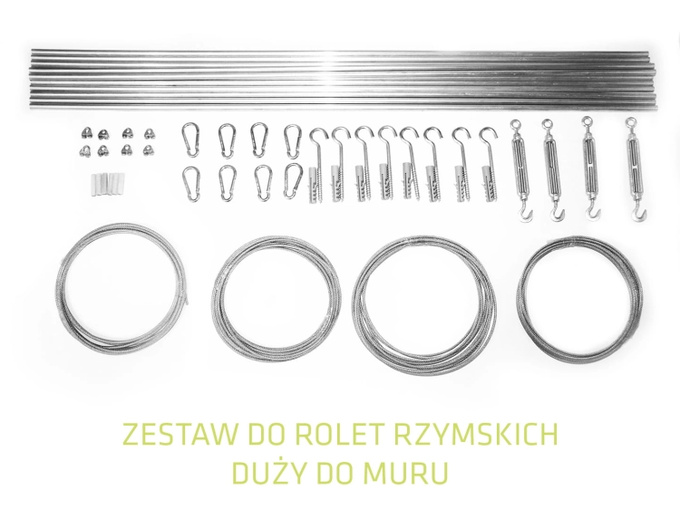 Large wall mounting kit for Roman blinds with aluminum tubes, steel cables, turnbuckles, hooks, and hardware
