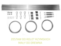 Montageset für Raffrollos an Holz: Rohre, Stahlseile, Karabiner, Schrauben und Spanner auf weißem Hintergrund