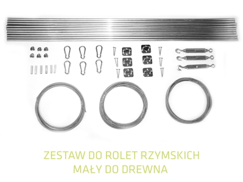 Small Roman blind installation kit for wood with steel poles, wire cables, snap hooks, and tensioning hardware.