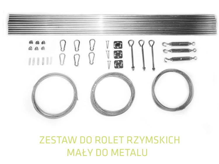 Roman blind installation kit for metal pergolas with cables, carabiners, tensioners, and mounting hardware on white background