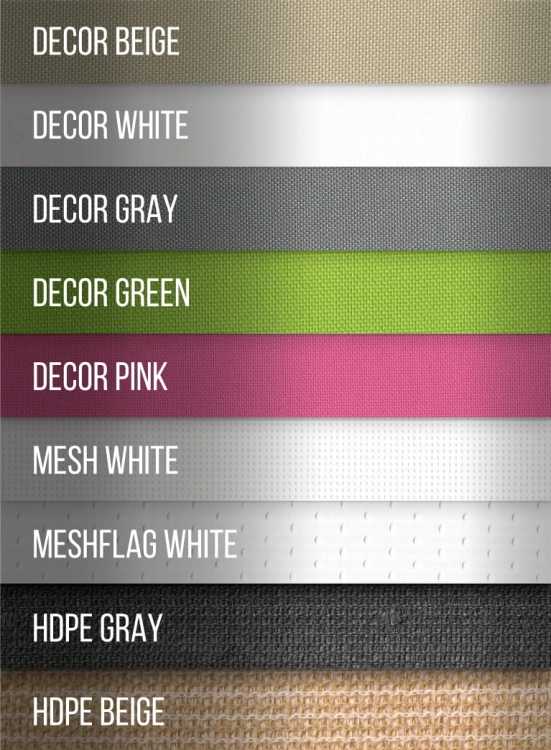 Stalen van decoratieve materialen, Mesh en HDPE in verschillende kleuren en diverse weefpatronen