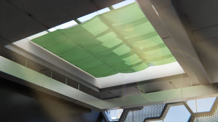 Groene zonwering op maat gemonteerd onder het daklicht voor schaduw binnen in het gebouw