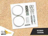 Sunshade kit for wooden roof windows with metal cables, tensioners, screws, and brackets on a sand background