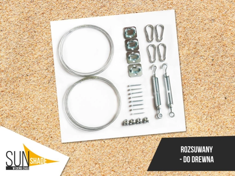 Montageset für Sonnenschutz an Dachkuppeln: Seile, Schrauben, Karabiner und Spanner für Holz