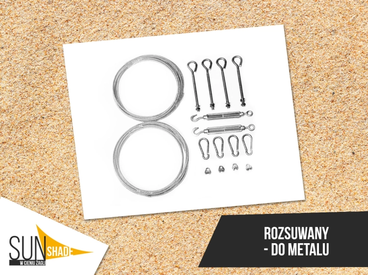 Steel cable mounting kit for SunShade skylight cover with turnbuckles, snap hooks, and eye bolts on a white background