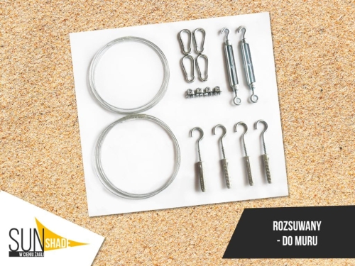 SunShade awning mounting kit including steel cables, turnbuckles, wall hooks, and clamps for retractable skylight covers
