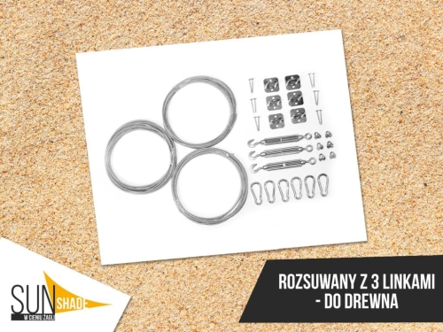 SunShade installation hardware kit featuring 3 steel cables, turnbuckles, snap hooks, and brackets for wood mounting