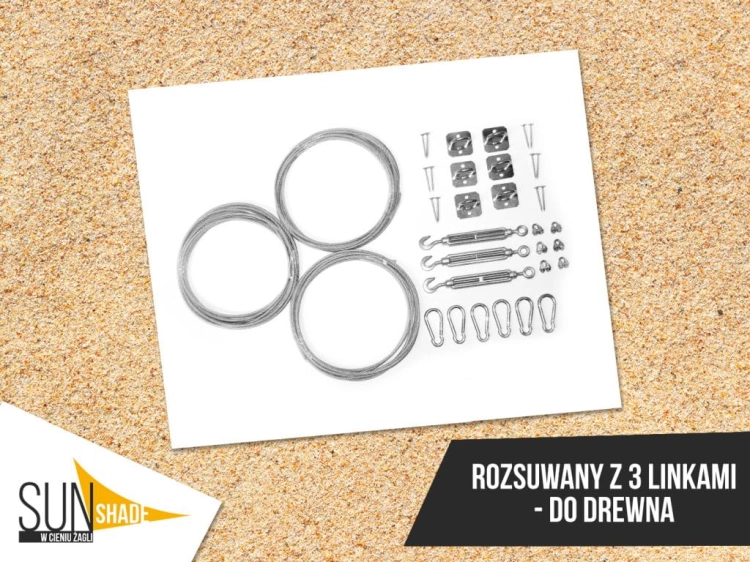 SunShade installation hardware kit featuring 3 steel cables, turnbuckles, snap hooks, and brackets for wood mounting