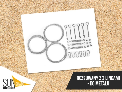 Metal mounting kit with 3 wires, turnbuckles, eye bolts, clips, and nuts for a retractable sunshade installation.