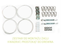 Sun shade sail metal mounting kit for wood including steel cables, carabiners, turnbuckles, eye plates, and screws