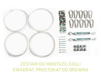 Sun shade sail mounting kit for wood, including steel cables, snap hooks, turnbuckles, eye plates, and screws