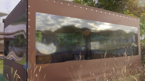 Custom-made transparent PVC deck tarp gazebo enclosure with brown borders and metal eyelets outdoors.