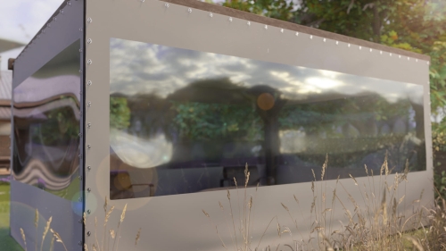 Transparent custom-sized tarp for a terrace enclosure with large clear windows and grommet fastenings.