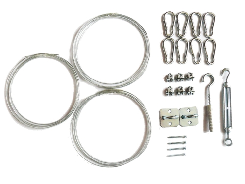 Installation kit for sun shade sails including steel cables, snap hooks, turnbuckle, and mounting bracket hardware