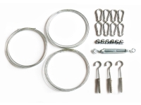 Shade sail mounting kit with steel cable coils, carabiners, turnbuckle, wire rope clamps, and eye bolts with wall plugs
