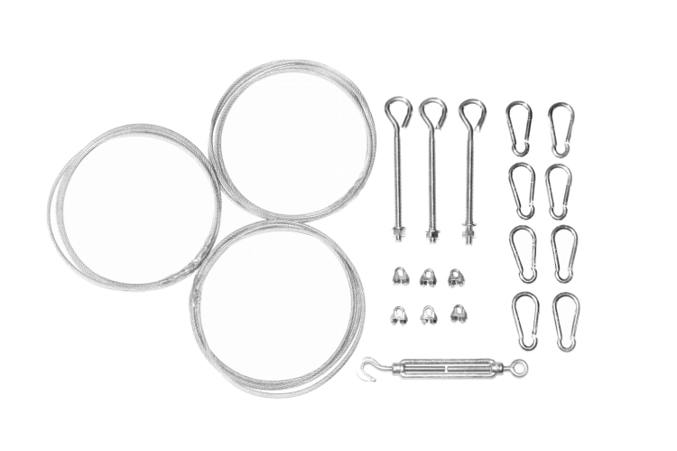 Hardware mounting kit for triangular shade sail including steel cables, carabiners, turnbuckle, eye bolts, and clamps