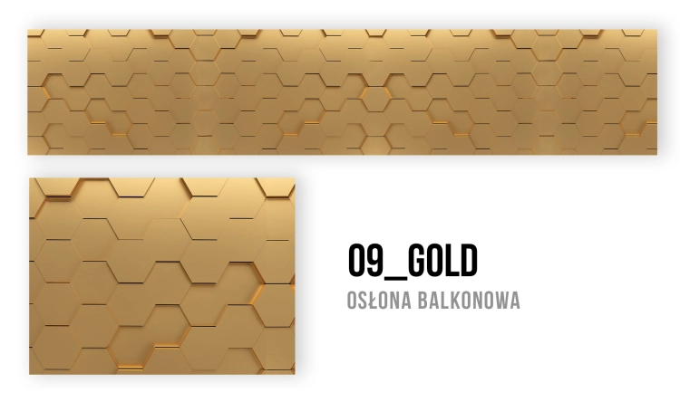 Gold balcony privacy screen with a modern 3D hexagonal geometric pattern and architectural design