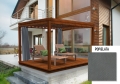 Waterproof outdoor curtains in ash grey hanging on a wooden garden pergola with lounge chairs.