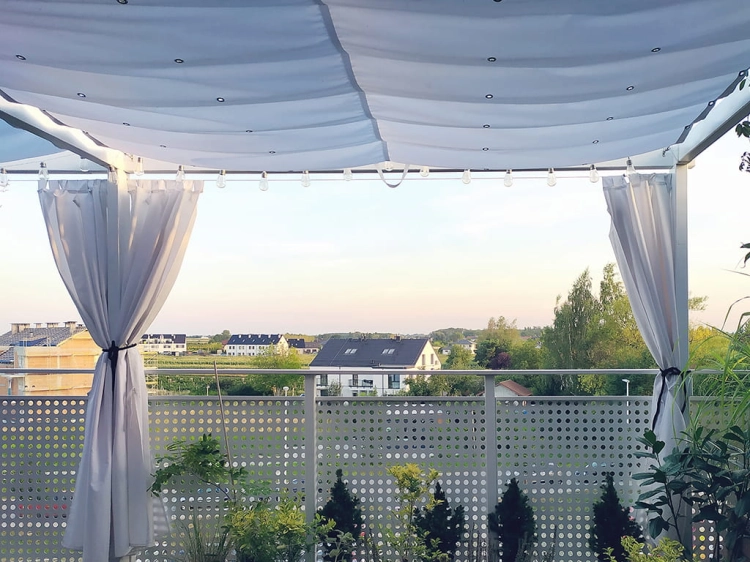 3x3m waterproof retractable pergola canopy in premium white with side curtains and string lights for sun protection